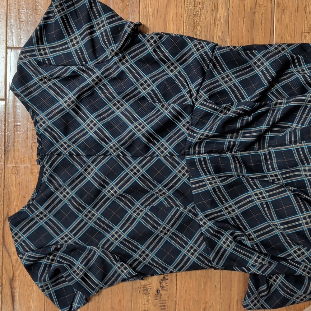 Unique Vintage Keyhole Front Tie Blue Plaid Midi Dress - Picture 6 of 7